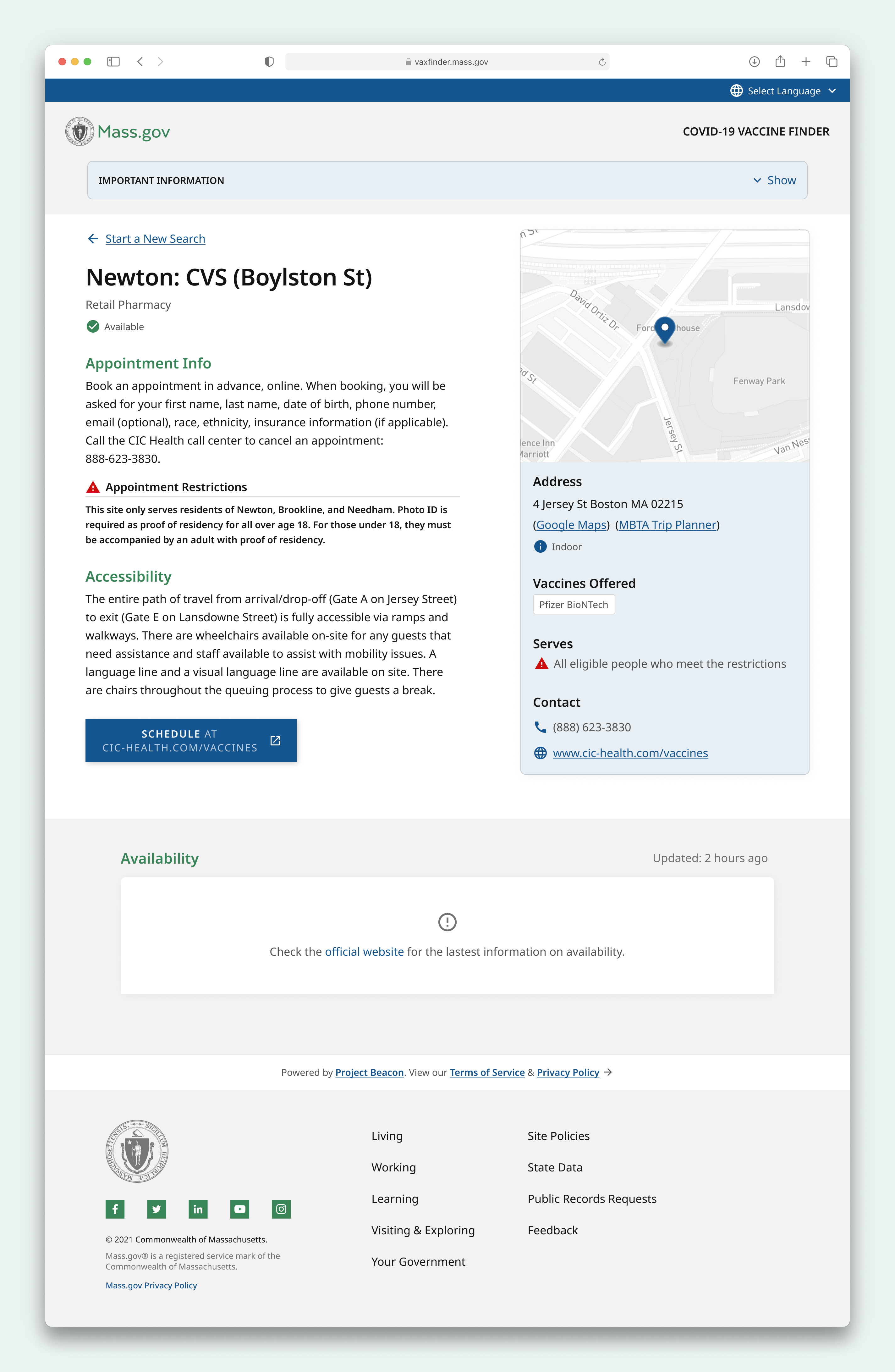 A detailed screenshot of the Vaxfinder website on desktop